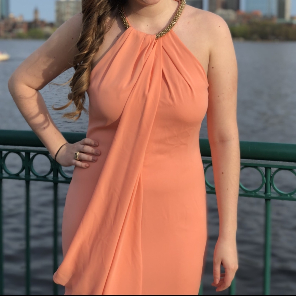 Calvin Klein Coral Greecian Draped Formal Prom Gown
